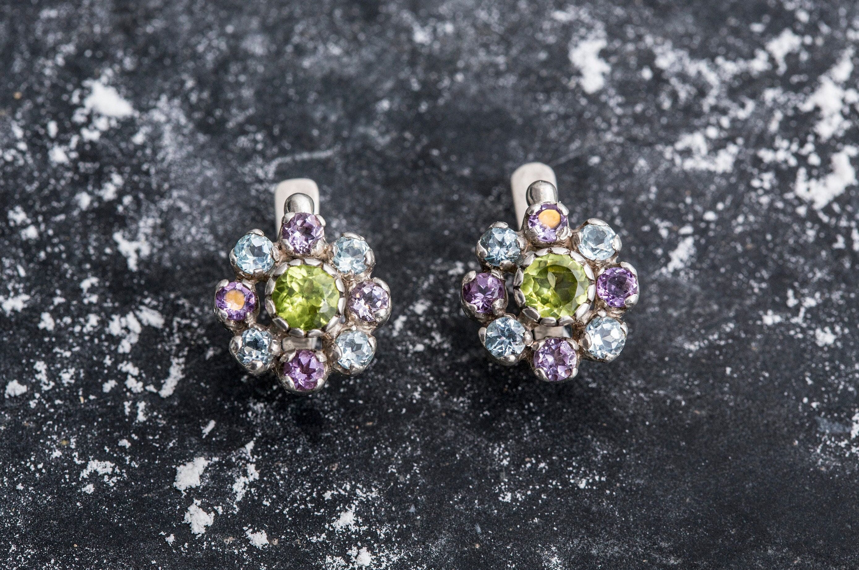 Peridot Earring, Flower Earring, Amethyst Earring, Blue Topaz Earring, Silver Earring, August Earring, December Earring, February Earring