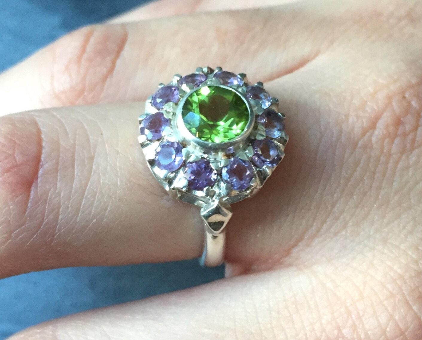 Amethyst Ring, Peridot Ring, Natural Amethyst, February Birthstone, Vintage Ring, Victorian Ring, Natural Peridot, August Birthstone, Silver