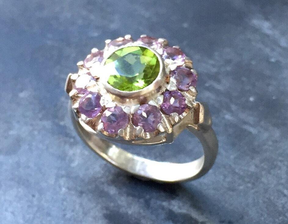 Amethyst Ring, Peridot Ring, Natural Amethyst, February Birthstone, Vintage Ring, Victorian Ring, Natural Peridot, August Birthstone, Silver