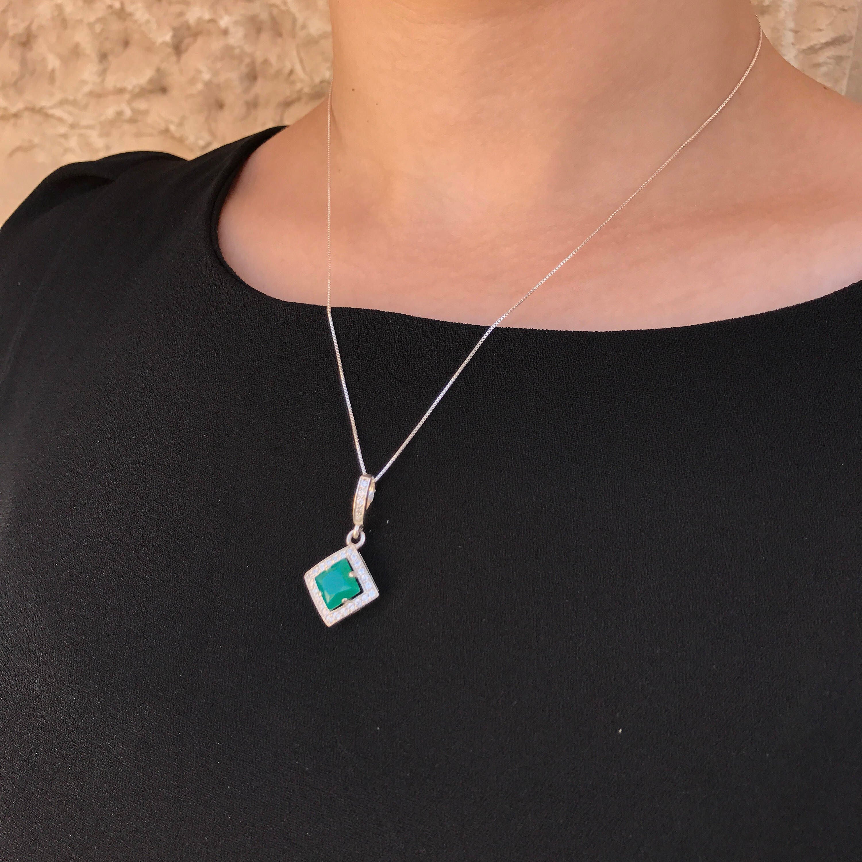 Elegant Halo Pendant featuring a Square Created Green Emerald, crafted in 925 Sterling Silver - perfect for May birthdays and special occasions.