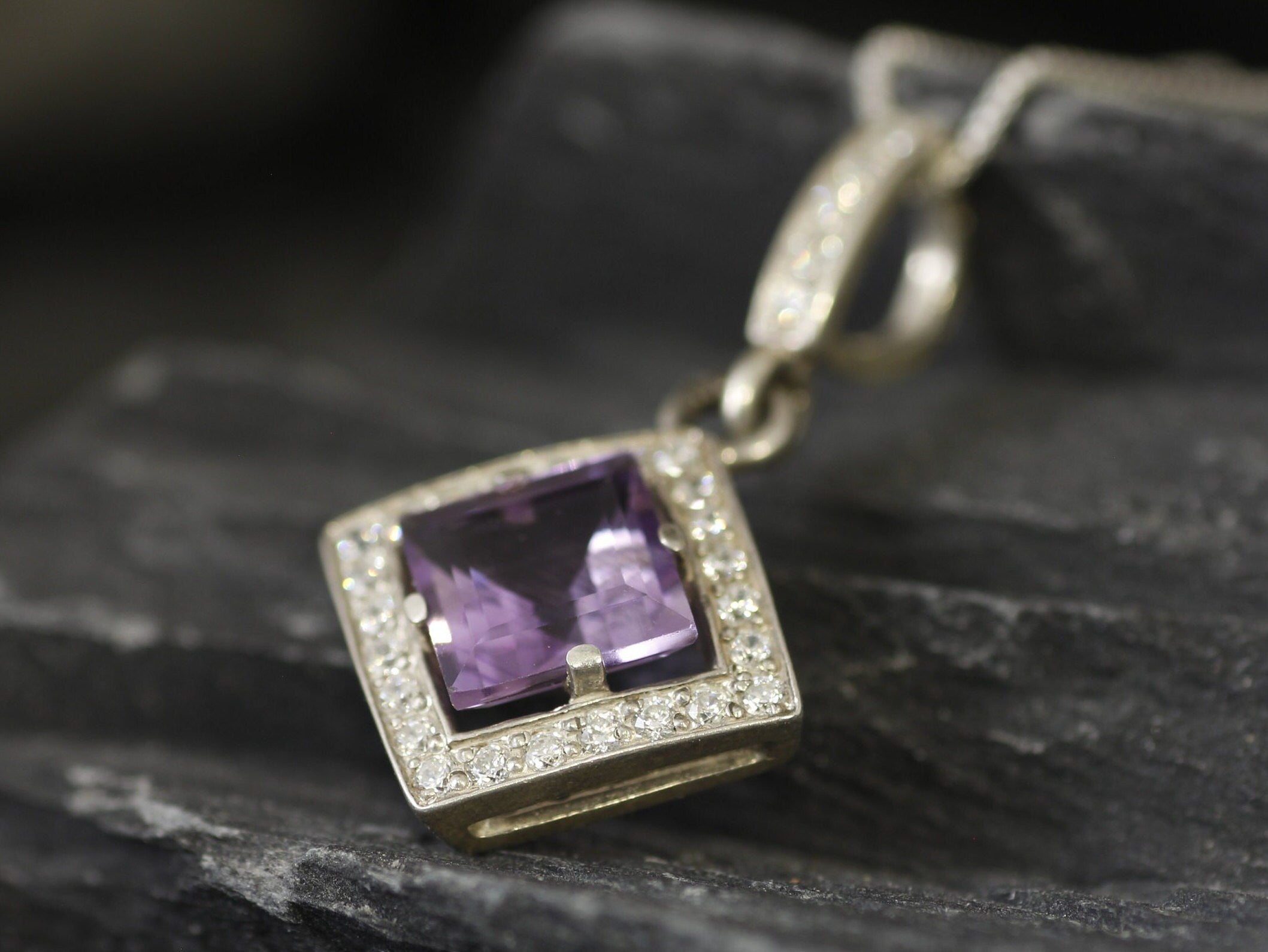 Amethyst Pendant, Natural Amethyst, February Birthstone, Purple Vintage Pendant, Square Pendant, Amethyst Necklace, Amethyst, 925 Silver