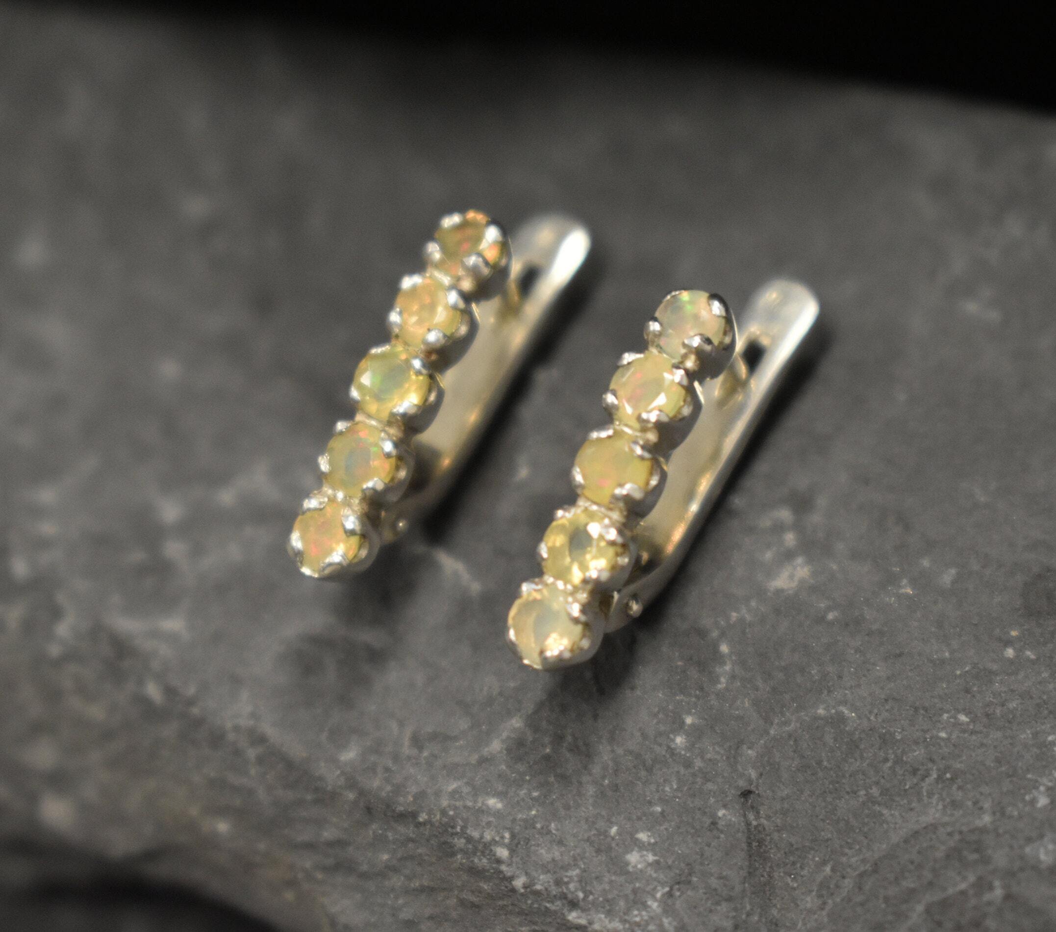 Opal Earrings, Ethiopian Opal, October Birthstone, Bar Earrings, Vintage Opal Studs, Natural Opal Studs, Long Earrings, 925 Silver Earrings