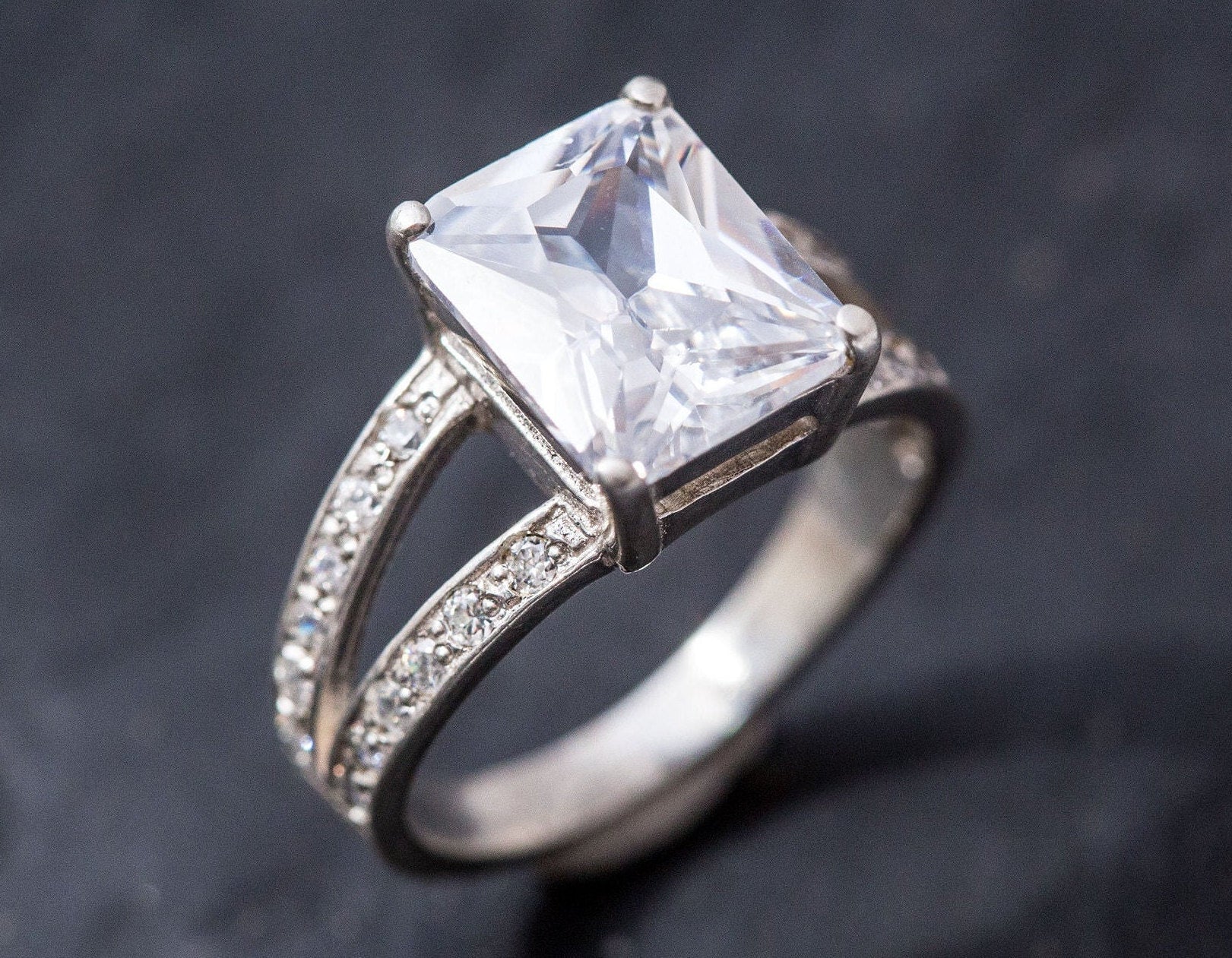 Diamond Ring, Created Diamond Ring, Rectangle Ring, Bridal Ring, Vintage Ring, Radiant Diamond Ring, Zircon Ring, Solid Silver Ring, Diamond