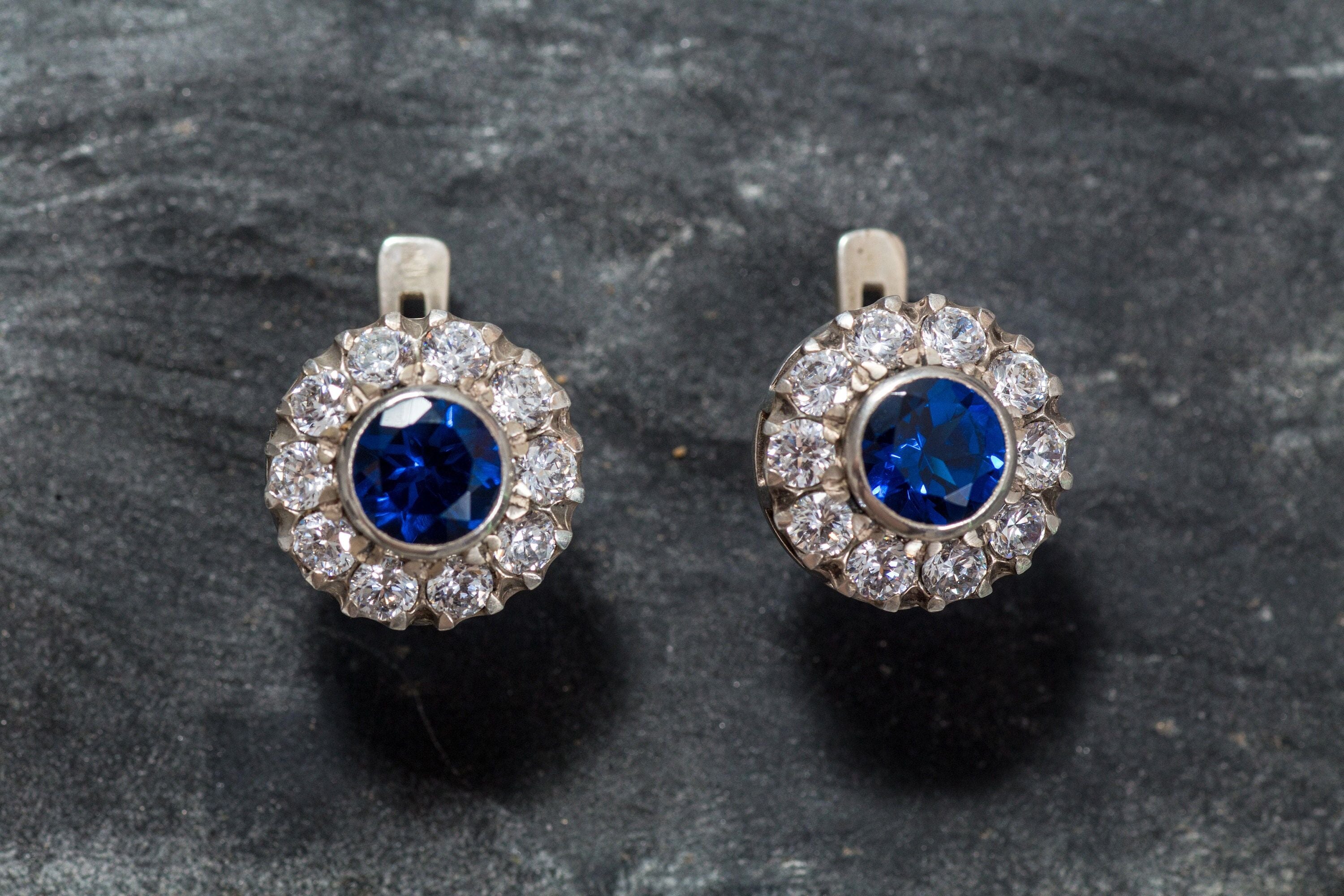 Created Sapphire Earrings made in 925 Sterling Silver with Round Created Blue Sapphire in Halo setting, September Birthstone gift idea, symbolizes sincerity, truth, and faithfulness, ideal for everyday wear and perfect for birthday gifting and special occasions.