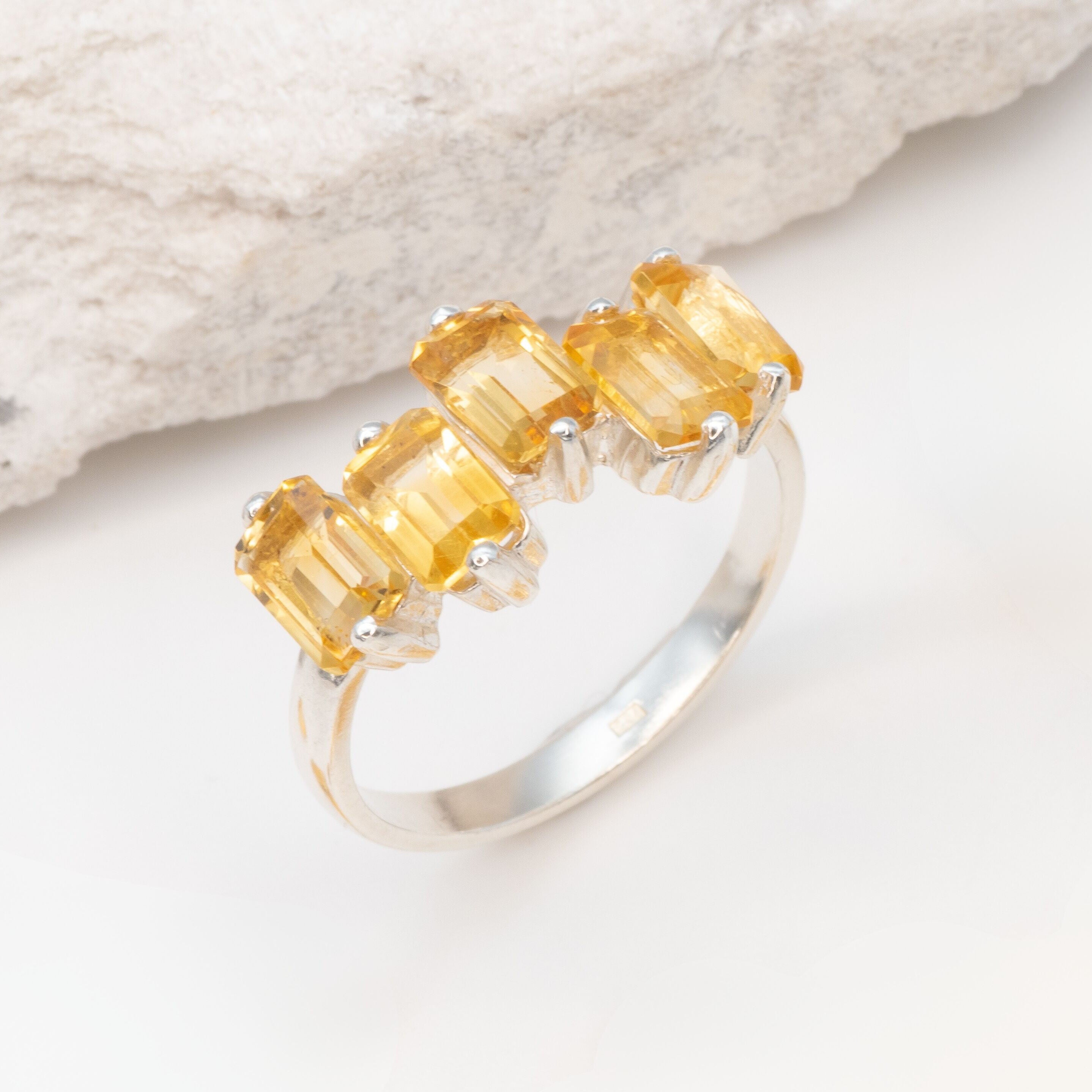 Emerald Cut Ring, Natural Citrine, Baguette Band, Half Eternity Band, November Birthstone, Asymmetric Ring, Yellow Ring, Solid Silver Ring