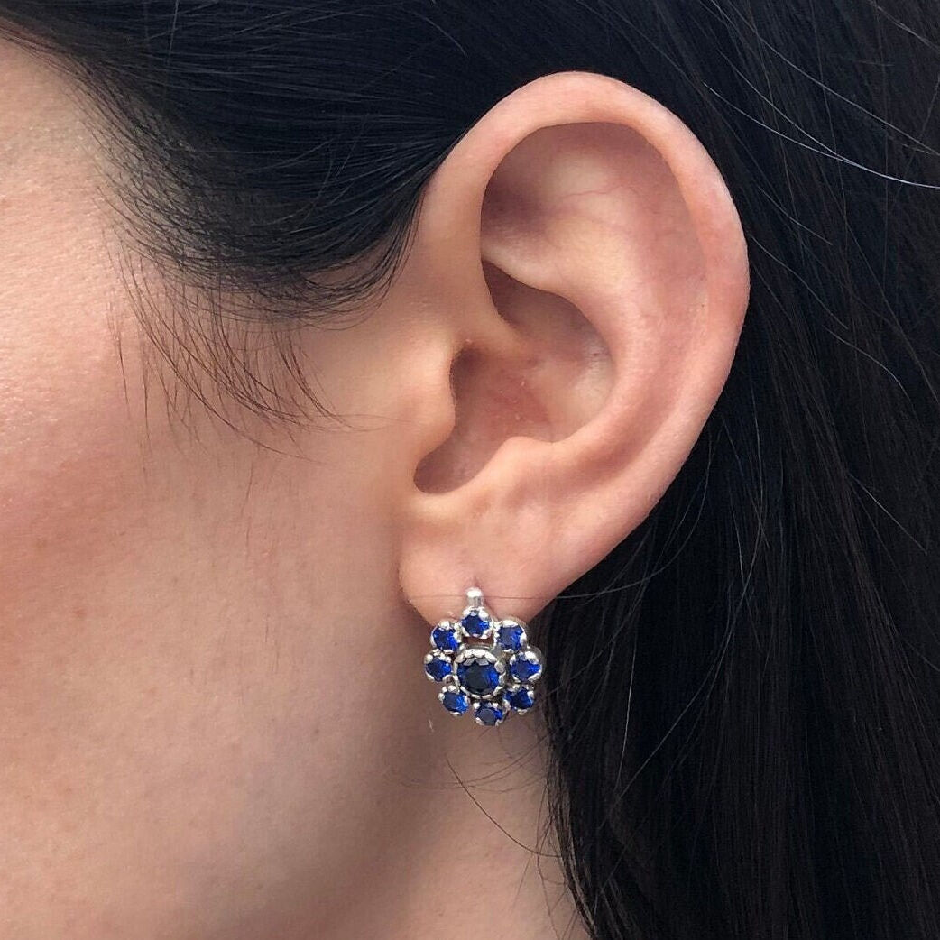 Created Sapphire Earrings made in 925 Sterling Silver with Round Created Blue Sapphire in Cluster setting, September Birthstone gift idea, symbolizes sincerity, truth, and faithfulness, ideal for everyday wear and perfect for birthday gifting and special occasions.