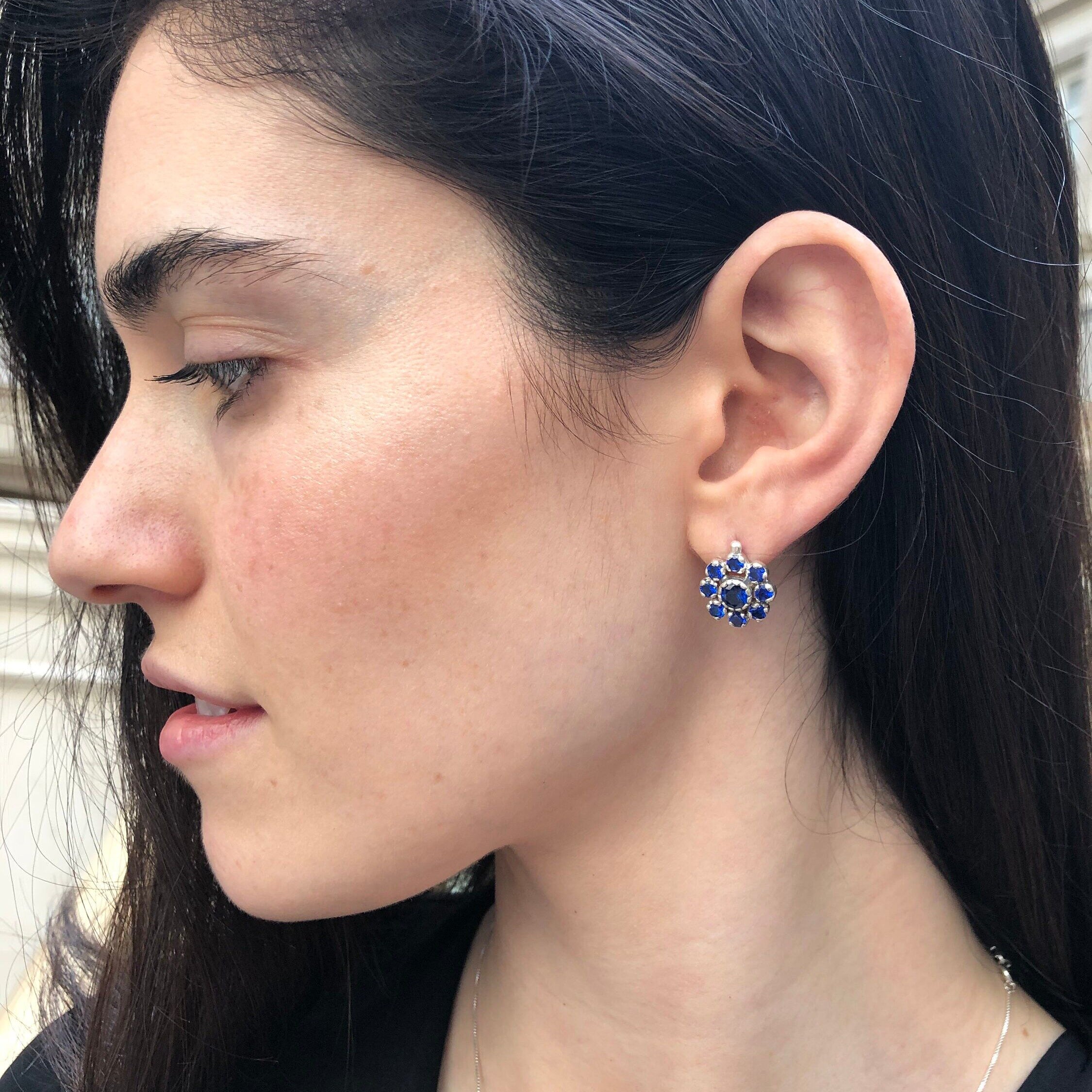 Cluster Setting Created Sapphire Earrings in 925 Sterling Silver, September Birthstone for sincere and faithful gifting.