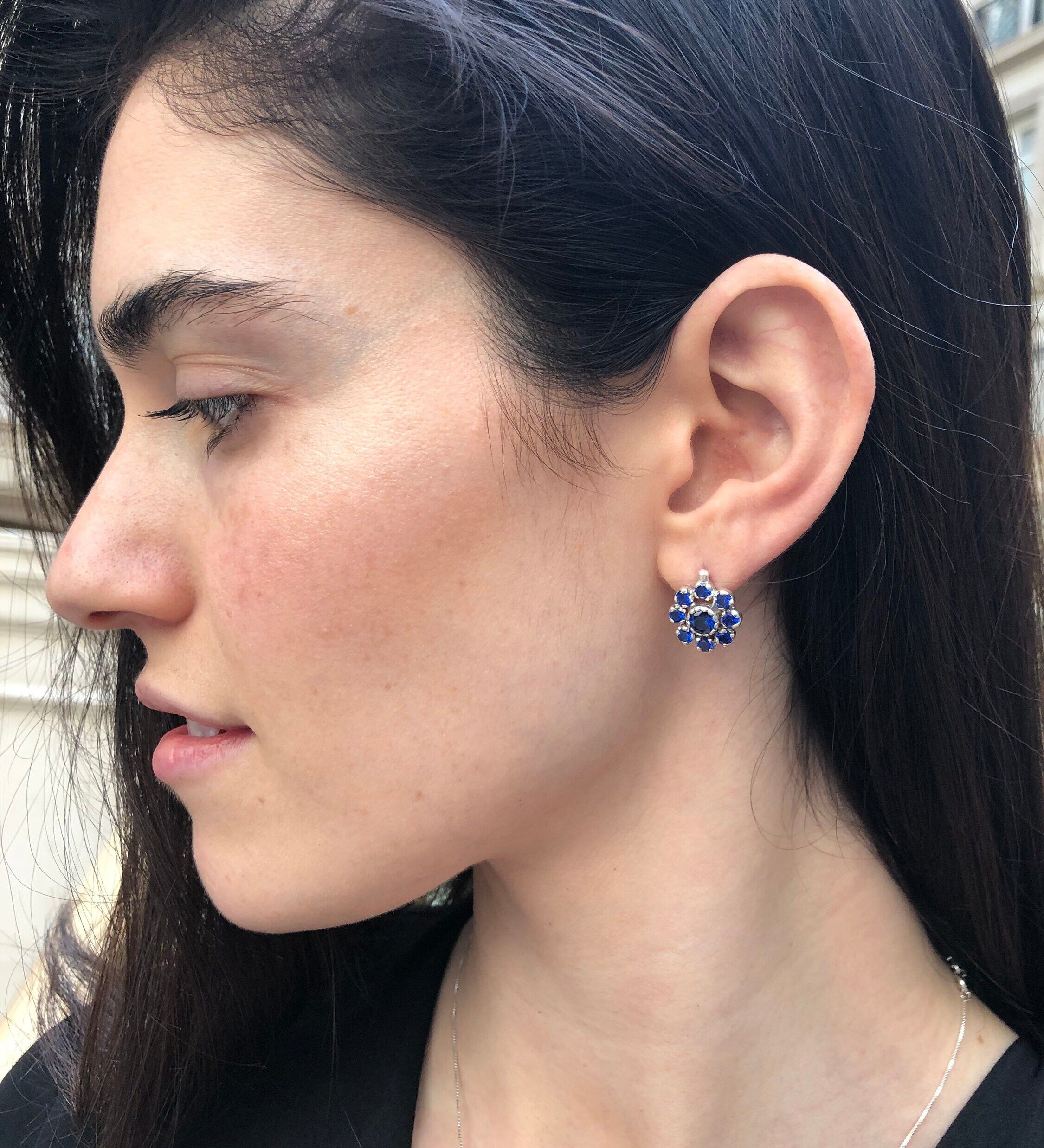 Cluster Setting Created Sapphire Earrings in 925 Sterling Silver, September Birthstone for sincere and faithful gifting.