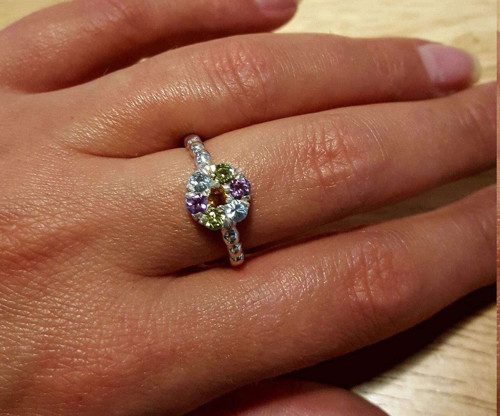 Multistone Ring, Topaz Ring, Citrine, Blue Topaz, Amethyst, Peridot, Flower Ring, Birthstone Ring, Flower Design, Unique Ring, Silver Ring