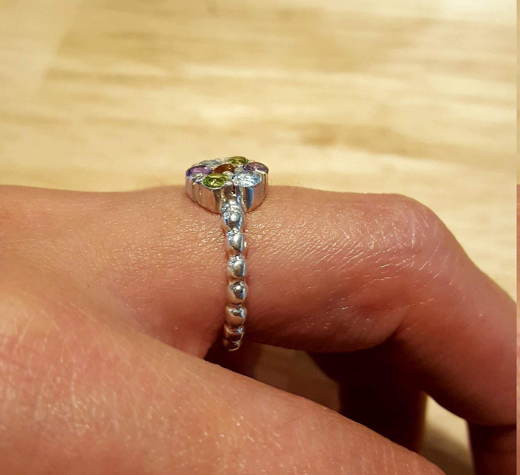 Multistone Ring, Topaz Ring, Citrine, Blue Topaz, Amethyst, Peridot, Flower Ring, Birthstone Ring, Flower Design, Unique Ring, Silver Ring