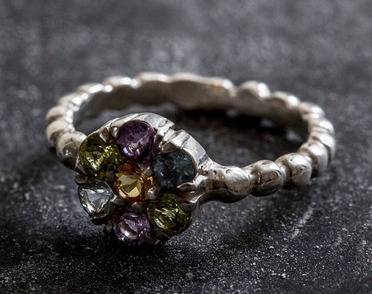 Multistone Ring, Topaz Ring, Citrine, Blue Topaz, Amethyst, Peridot, Flower Ring, Birthstone Ring, Flower Design, Unique Ring, Silver Ring