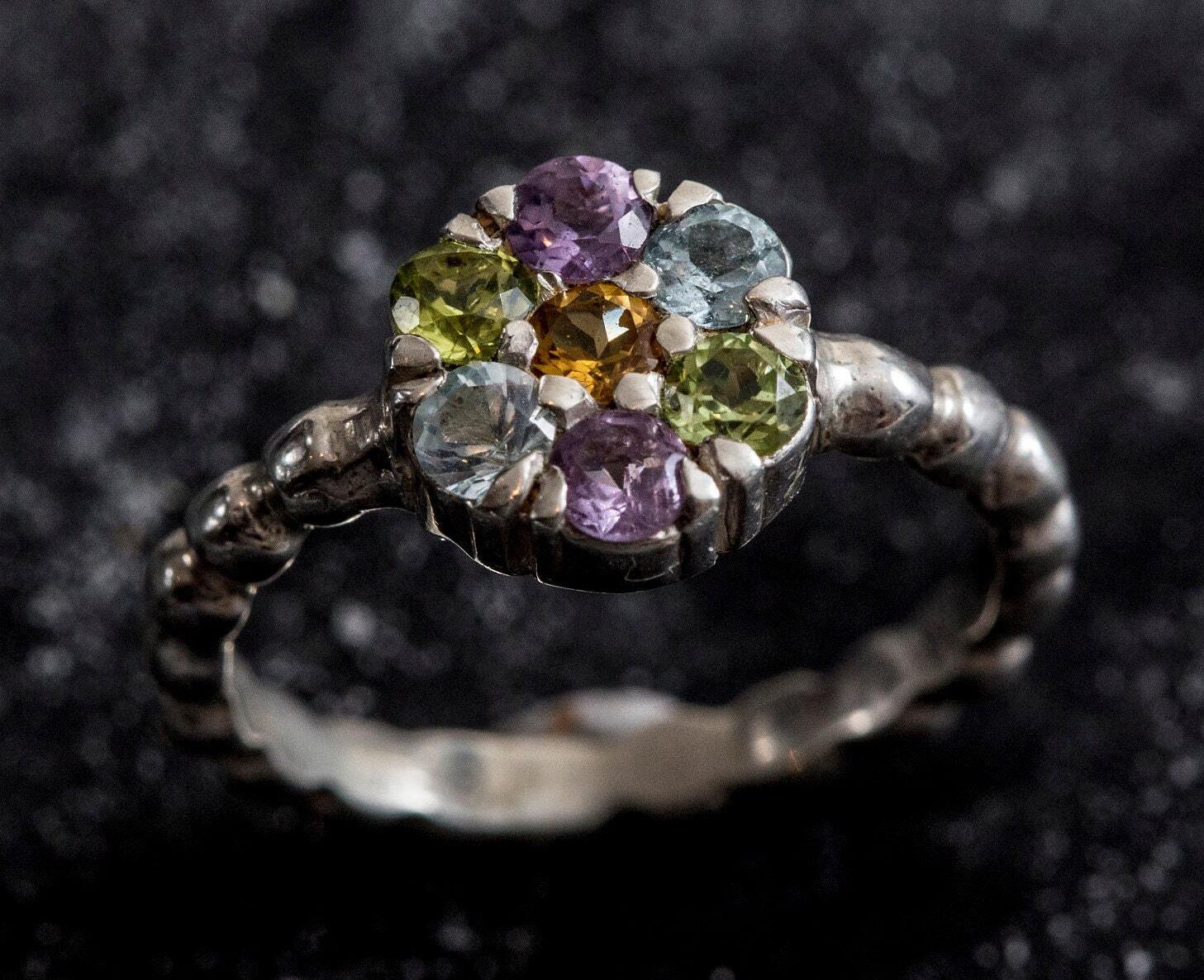 Multistone Ring, Topaz Ring, Citrine, Blue Topaz, Amethyst, Peridot, Flower Ring, Birthstone Ring, Flower Design, Unique Ring, Silver Ring