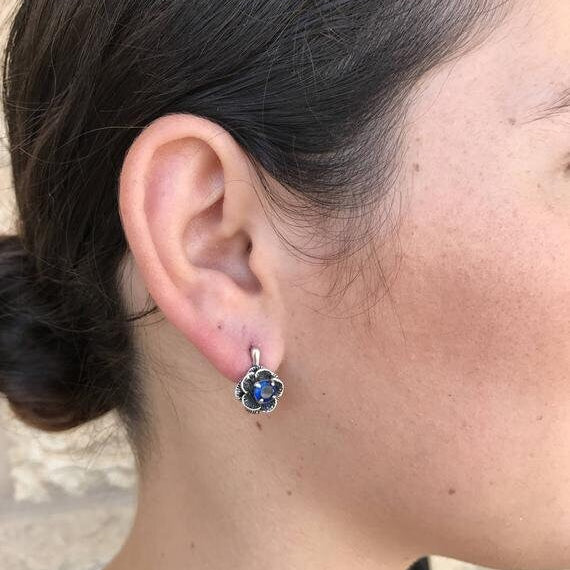 Flower Earrings, Diopside Earrings, Natural Chrome Diopside, Silver Rose Earrings, Green FlowerEarrings, Vintage Earrings, Silver Earrings