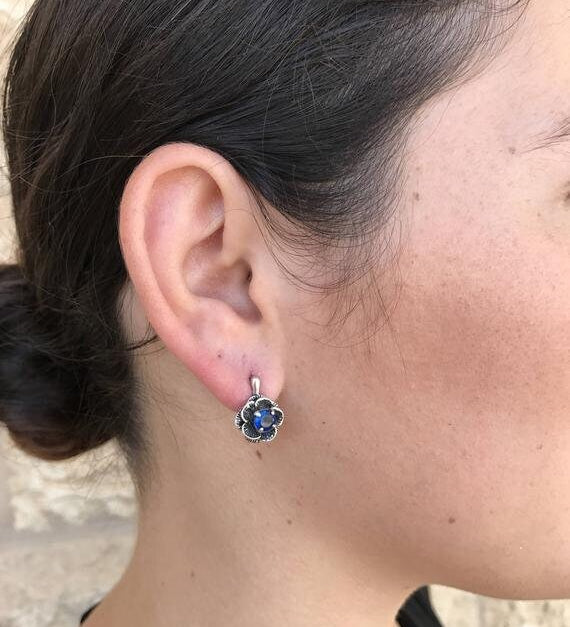 Flower Earrings, Diopside Earrings, Natural Chrome Diopside, Silver Rose Earrings, Green FlowerEarrings, Vintage Earrings, Silver Earrings