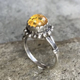Amber Silver Ring - Flower Amber Ring - Yellow Gem Ring