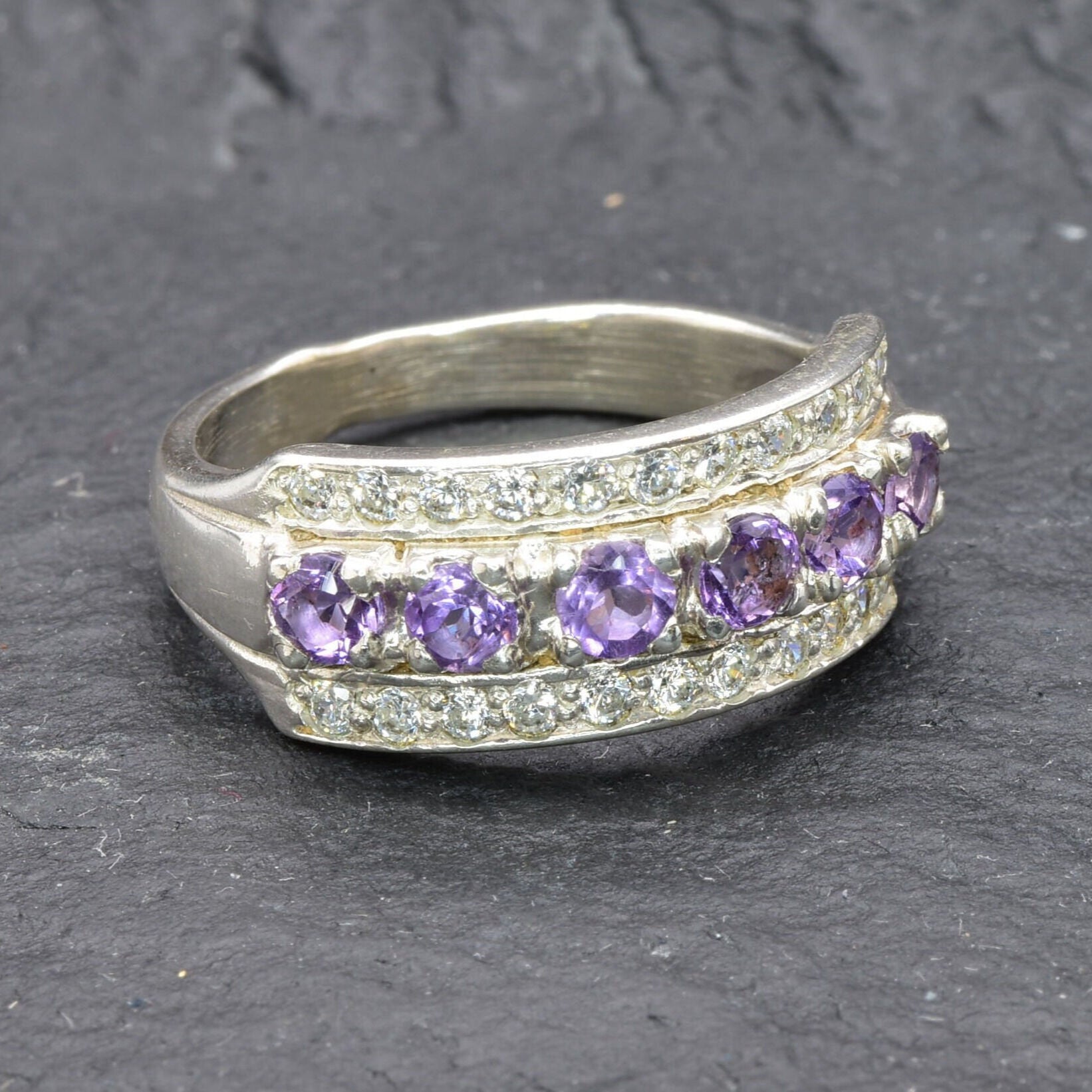 Amethyst Band, Natural Amethyst Ring, Amethyst Wedding Band, Vintage Ring, February Birthstone, Sterling Silver Ring, Purple Gemstone Ring