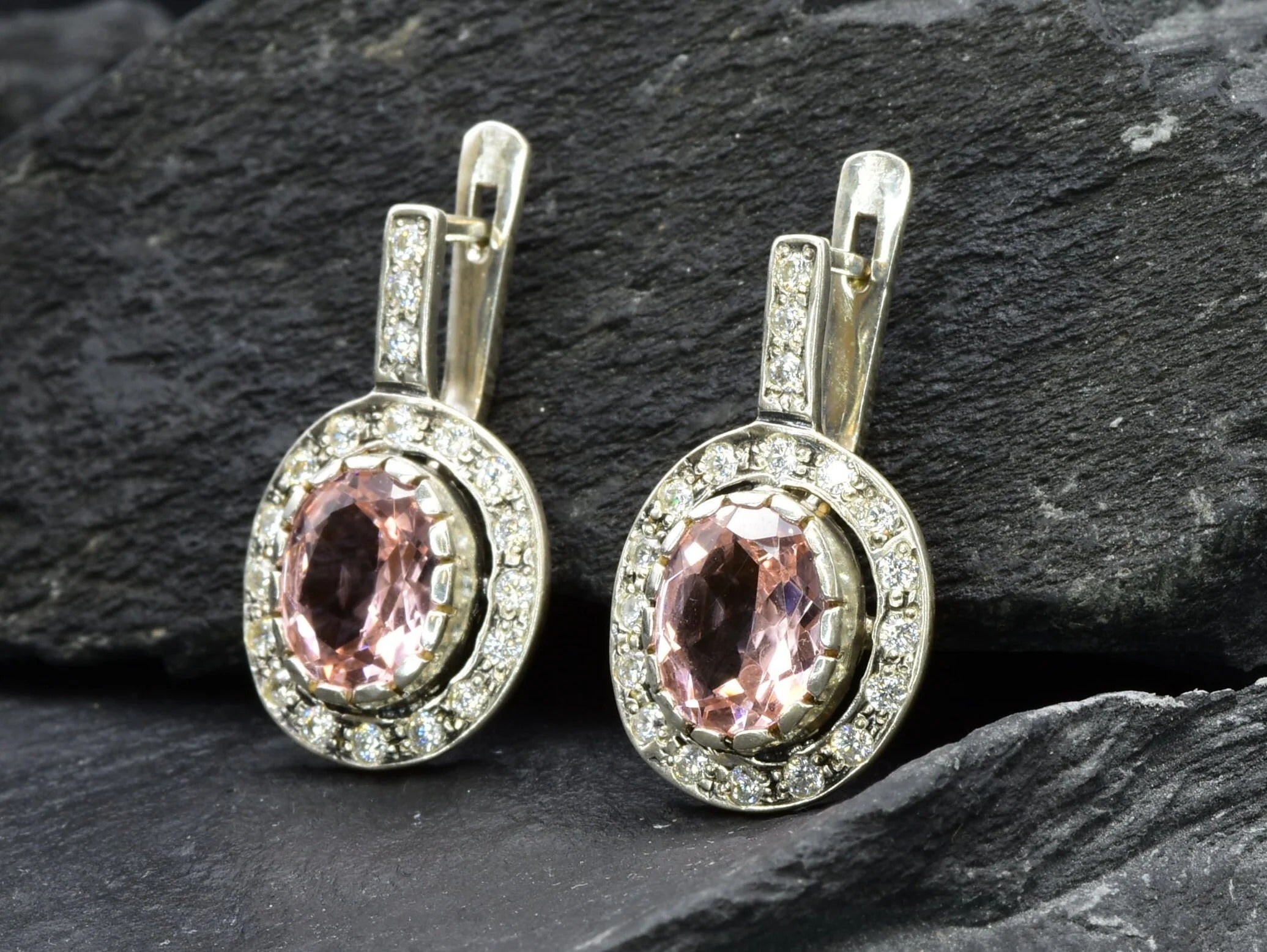 Antique Morganite Earrings, Long Morganite Earrings, Created Morganite, Pink Diamond Earrings, Anniversary Gift, Solid Silver, Vintage Style