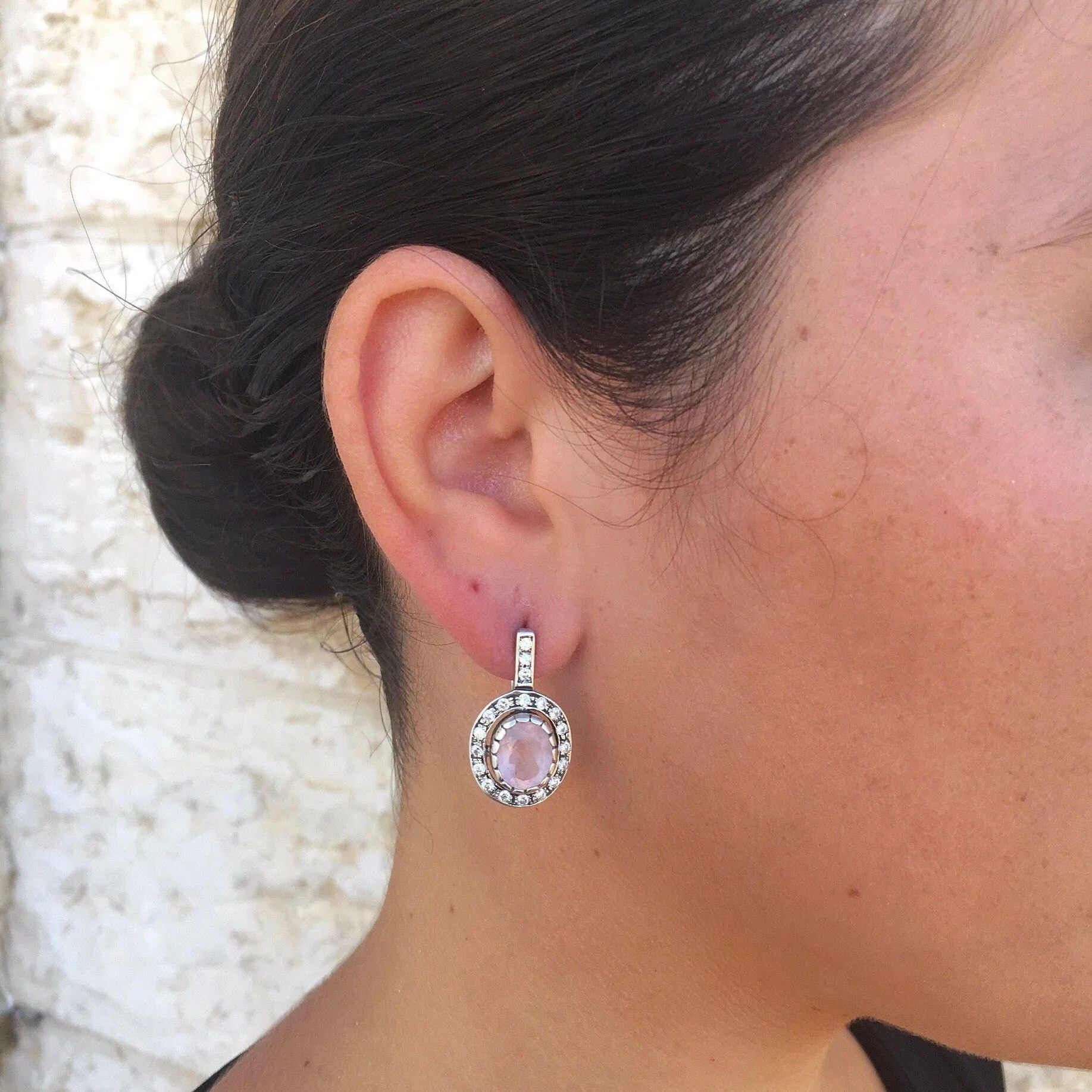 Antique Morganite Earrings, Long Morganite Earrings, Created Morganite, Pink Diamond Earrings, Anniversary Gift, Solid Silver, Vintage Style