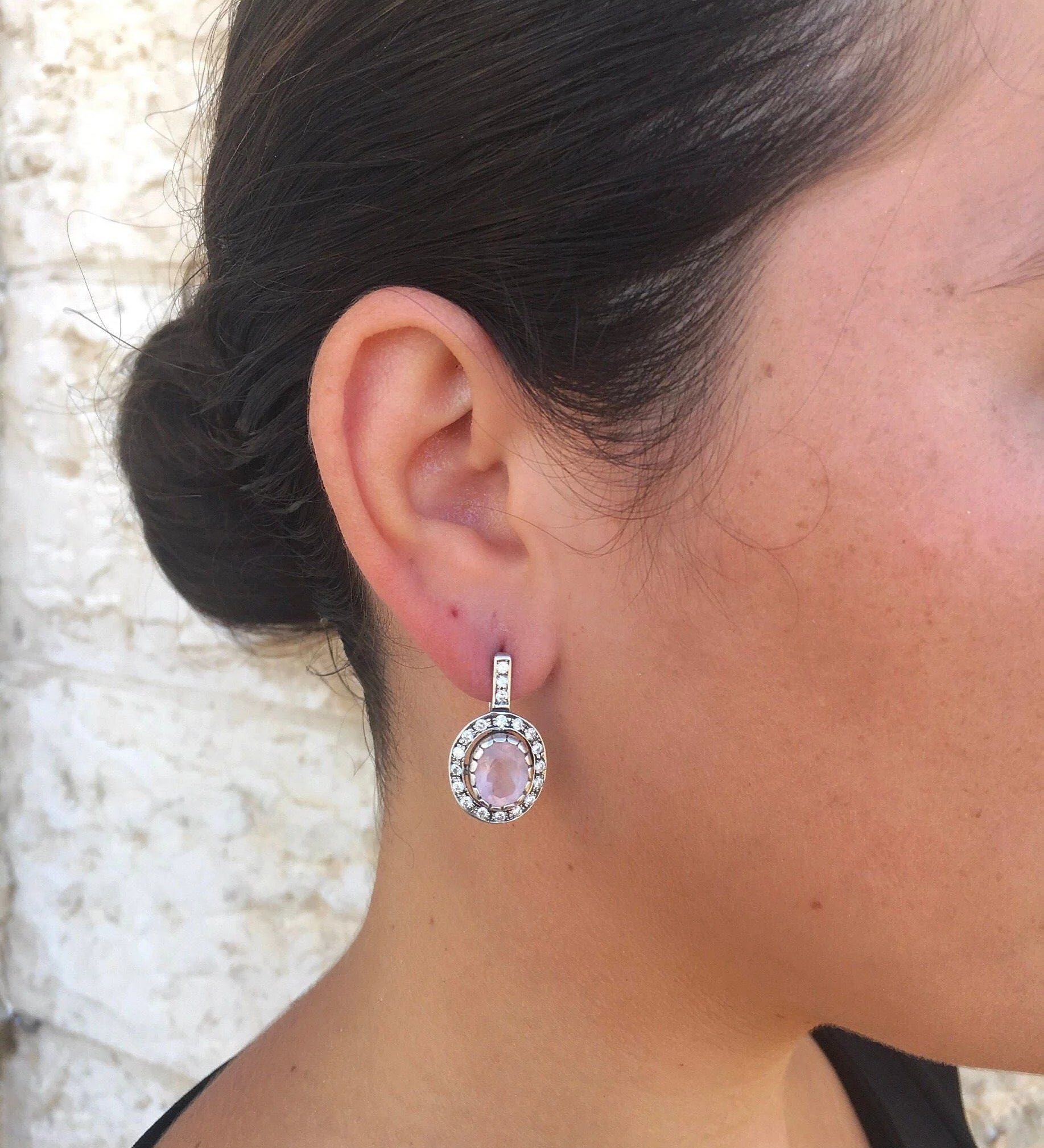 Antique Morganite Earrings, Long Morganite Earrings, Created Morganite, Pink Diamond Earrings, Anniversary Gift, Solid Silver, Vintage Style