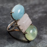 Statement Ring, Aquamarine Ring, Rose Quartz Ring, Prehnite Ring, 3 Stone Ring, Natural Aquamarine, Natural Rose Quartz, Natural Prehnite