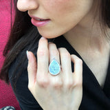 Turquoise Ring, Natural Turquoise, Teardrop Ring, December Birthstone, Statement Ring, Artisan Ring, Green Leaf Ring, Solid Silver Ring