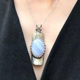 Long Pendant, Blue Lace Agate Pendant, Symbolic Pendant, Tribal Pendant, Lilac Pendant, Vintage Pendant, Artistic Pendant, Silver Pendant