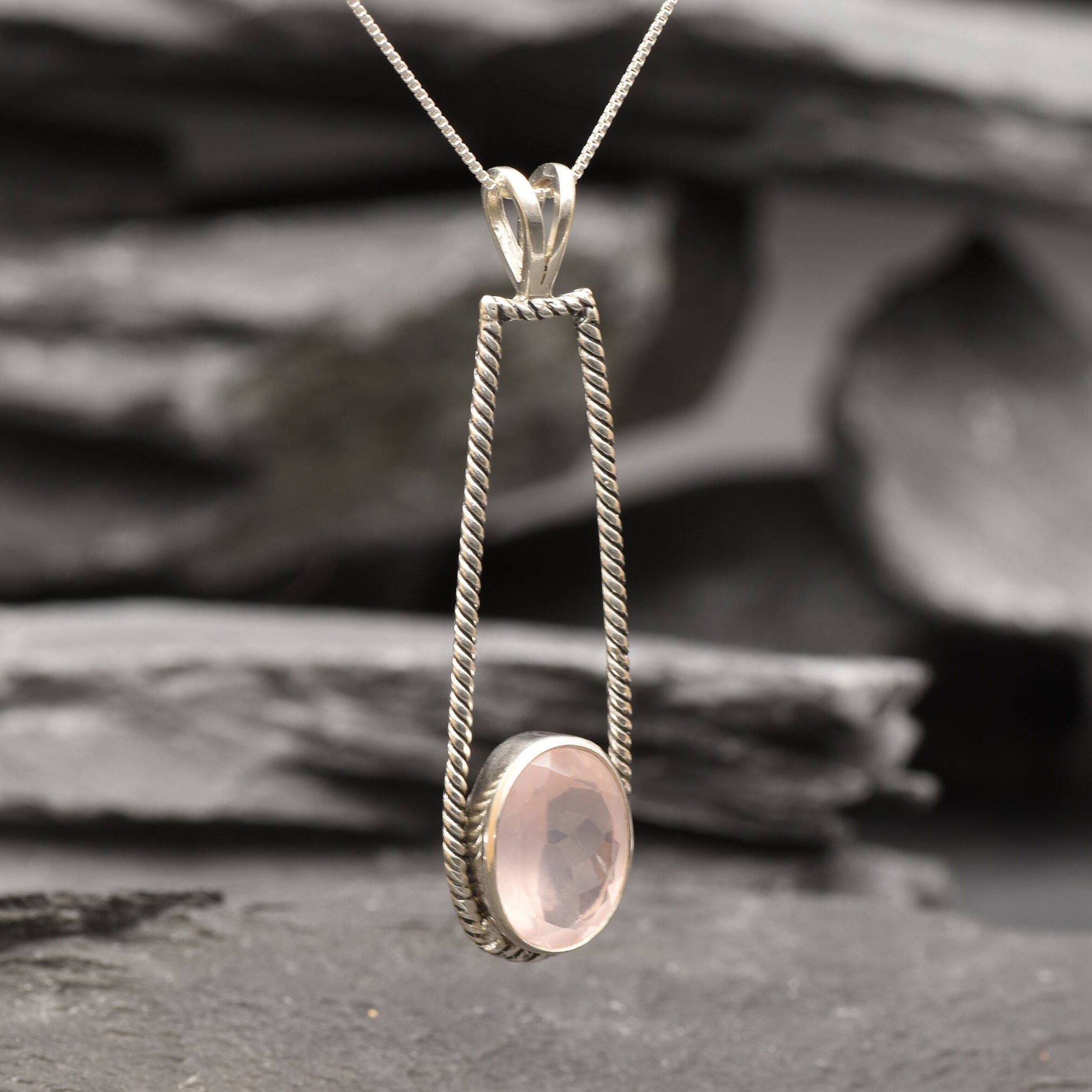 Rose Quartz Necklace, Natural Rose Quartz, Long Pendant, Drop Pendant, Pink Necklace, January Birthstone, Statement Pendant, Solid Silver
