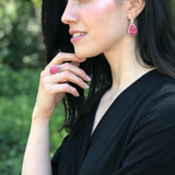 Rhodochrosite Earrings, Raspberry Pink Earrings, Vintage Earrings, Teardrop Earrings, Leaf Earrings, Long Earrings, Solid Silver Earrings