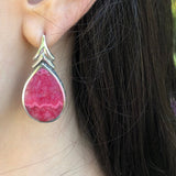 Rhodochrosite Earrings, Raspberry Pink Earrings, Vintage Earrings, Teardrop Earrings, Leaf Earrings, Long Earrings, Solid Silver Earrings