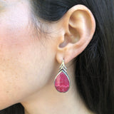 Rhodochrosite Earrings, Raspberry Pink Earrings, Vintage Earrings, Teardrop Earrings, Leaf Earrings, Long Earrings, Solid Silver Earrings
