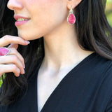 Rhodochrosite Earrings, Raspberry Pink Earrings, Vintage Earrings, Teardrop Earrings, Leaf Earrings, Long Earrings, Solid Silver Earrings