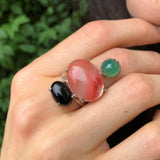 Long Boho Ring, Statement Ring, Cherry Quartz, Artistic Ring, Chunky Ring, Multistone Ring, Large Ring, 925 Silver Ring, Onyx, Green Agate