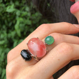 Long Boho Ring, Statement Ring, Cherry Quartz, Artistic Ring, Chunky Ring, Multistone Ring, Large Ring, 925 Silver Ring, Onyx, Green Agate