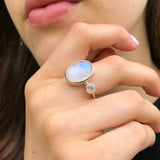 Moonstone Ring, Natural Rainbow Moonstone, June Birthstone, Oval Moonstone Ring, Two Stone Ring, Statement Silver Ring, Rare By Adina