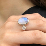 Moonstone Ring, Natural Rainbow Moonstone, June Birthstone, Oval Moonstone Ring, Two Stone Ring, Statement Silver Ring, Rare By Adina