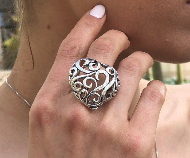 Silver Heart Ring, Artistic Ring, Chunky Heart Ring, Ornament Ring, Love Ring, Big Heart Ring, Silver Statement Ring, Solid Silver Ring