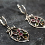 Tourmaline Earrings, Natural Tourmaline Earrings, Silver Flower Earrings, Multistone Earrings, Natural Ruby Gem, Rare by Adina