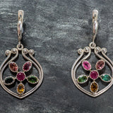 Tourmaline Earrings, Natural Tourmaline Earrings, Silver Flower Earrings, Multistone Earrings, Natural Ruby Gem, Rare by Adina