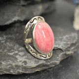 Rhodochrosite Ring, Large Pink Ring, Pink Oval Ring, Statement Ring, Artisan Ring, Bohemian Ring, Solid Silver Ring, Natural Rhodochrosite