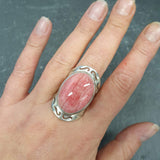 Rhodochrosite Ring, Large Pink Ring, Pink Oval Ring, Statement Ring, Artisan Ring, Bohemian Ring, Solid Silver Ring, Natural Rhodochrosite