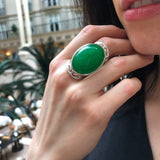 Large Green Ring, Natural Green Agate, Statement Ring, Vintage Ring, Large Green Stone, Vivid Green Ring, Bohemian Ring, Solid Silver Ring