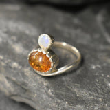 Amber Ring, Natural Amber, Opal Ring, October Birthstone, Asymmetric Ring, Vintage Ring, Two Stone Ring, Multistone Ring, Solid Silver Ring