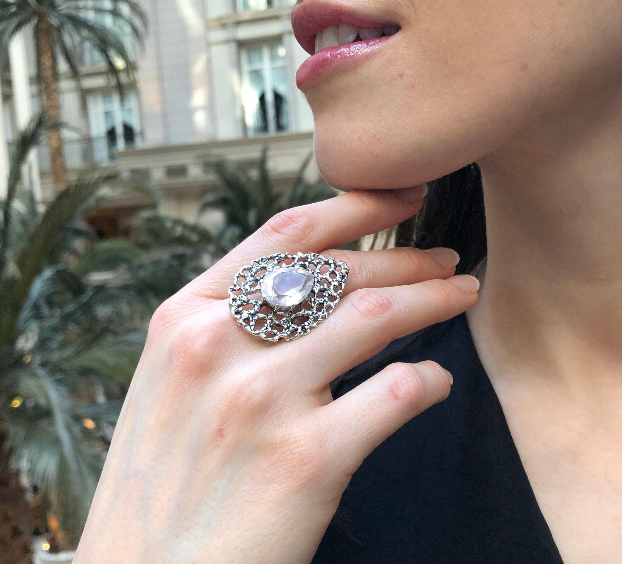 Rose Quartz Ring, Natural Rose Quartz, January Ring, Teardrop Ring, Pink Vintage Ring, Statement Ring, Pink Diamond Ring, 925 Silver Ring