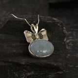 Aquamarine Pendant, Natural Aquamarine, Ribbon Pendant, March Birthstone, Blue Bow Pendant, Vintage Necklace, Large Pendant, Silver Pendant