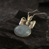 Aquamarine Pendant, Natural Aquamarine, Ribbon Pendant, March Birthstone, Blue Bow Pendant, Vintage Necklace, Large Pendant, Silver Pendant