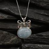 Aquamarine Pendant, Natural Aquamarine, Ribbon Pendant, March Birthstone, Blue Bow Pendant, Vintage Necklace, Large Pendant, Silver Pendant