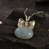 Aquamarine Pendant, Natural Aquamarine, Ribbon Pendant, March Birthstone, Blue Bow Pendant, Vintage Necklace, Large Pendant, Silver Pendant