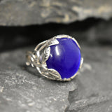Cats Eye Ring, Natural Cats Eyes, Blue Vintage Ring, Silver Leaf Ring, Unique Stone Ring, Blue Quartz Ring, Leaf Ring, Solid Silver Ring