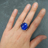 Cats Eye Ring, Natural Cats Eyes, Blue Vintage Ring, Silver Leaf Ring, Unique Stone Ring, Blue Quartz Ring, Leaf Ring, Solid Silver Ring