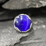 Cats Eye Ring, Natural Cats Eyes, Blue Vintage Ring, Silver Leaf Ring, Unique Stone Ring, Blue Quartz Ring, Leaf Ring, Solid Silver Ring